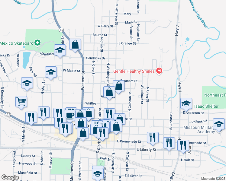 map of restaurants, bars, coffee shops, grocery stores, and more near 621 North Jefferson Street in Mexico