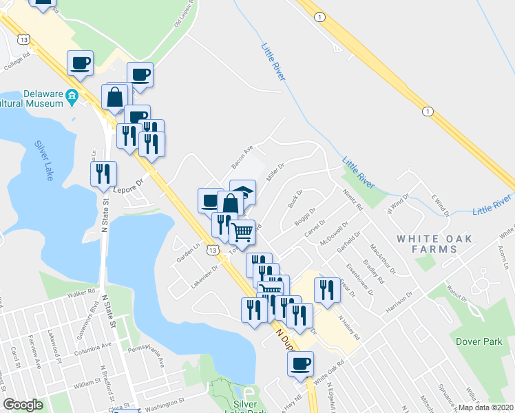 map of restaurants, bars, coffee shops, grocery stores, and more near 718 Miller Drive in Dover