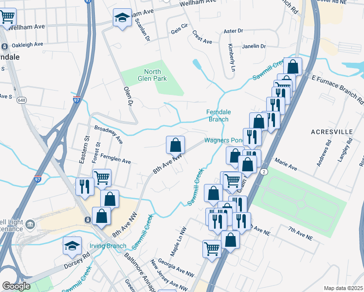 map of restaurants, bars, coffee shops, grocery stores, and more near 7220 Grayburn Drive in Glen Burnie