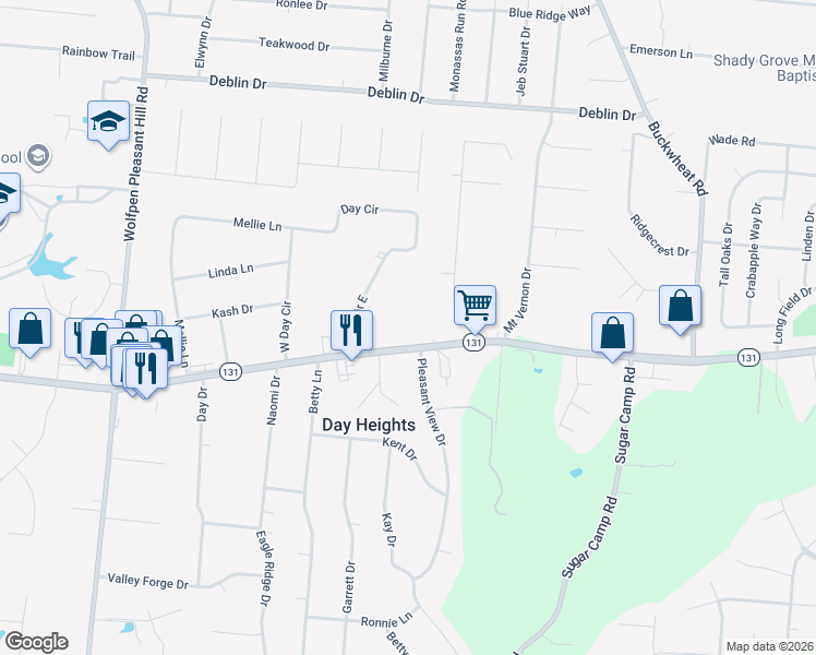 map of restaurants, bars, coffee shops, grocery stores, and more near 1268 Ohio 131 in Milford