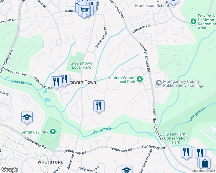 map of restaurants, bars, coffee shops, grocery stores, and more near 19757 Framingham Drive in Gaithersburg
