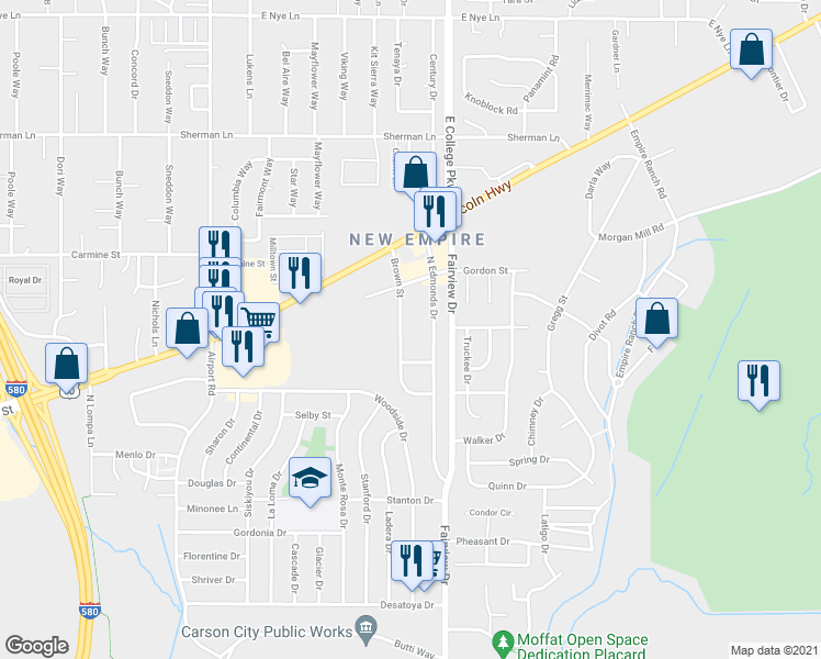 map of restaurants, bars, coffee shops, grocery stores, and more near 1717 Brown Street in Carson City