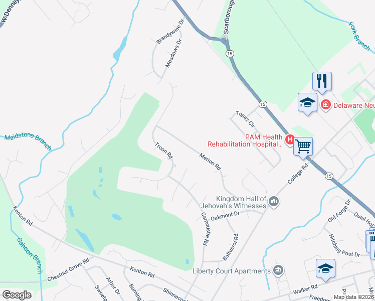 map of restaurants, bars, coffee shops, grocery stores, and more near 214 Merion Road in Dover