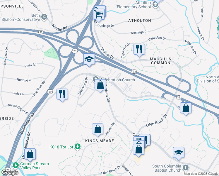map of restaurants, bars, coffee shops, grocery stores, and more near 10245 Old Columbia Road in Columbia