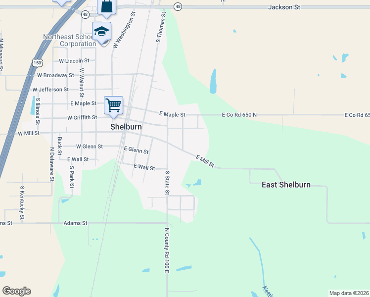 map of restaurants, bars, coffee shops, grocery stores, and more near 406 East Mill Street in Shelburn