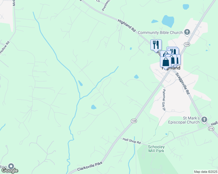 map of restaurants, bars, coffee shops, grocery stores, and more near 7025 Brooks Road in Highland