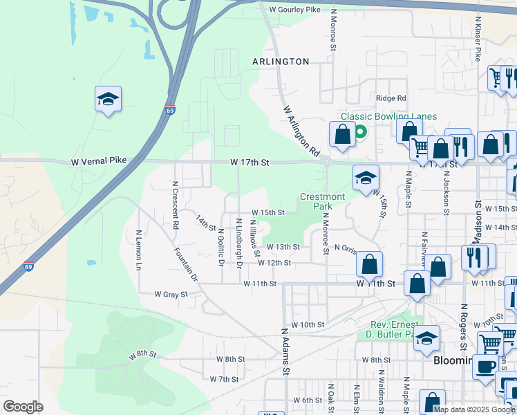 map of restaurants, bars, coffee shops, grocery stores, and more near 1330 15th Street in Bloomington