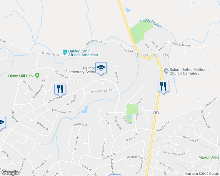 map of restaurants, bars, coffee shops, grocery stores, and more near 3209 Llewellyn Field Road in Olney