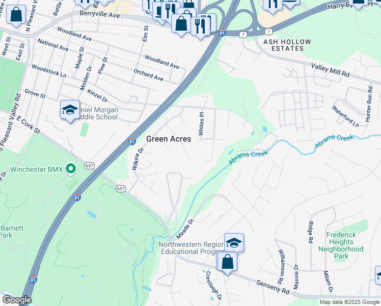 map of restaurants, bars, coffee shops, grocery stores, and more near 125 Cherry Hill Drive in Winchester