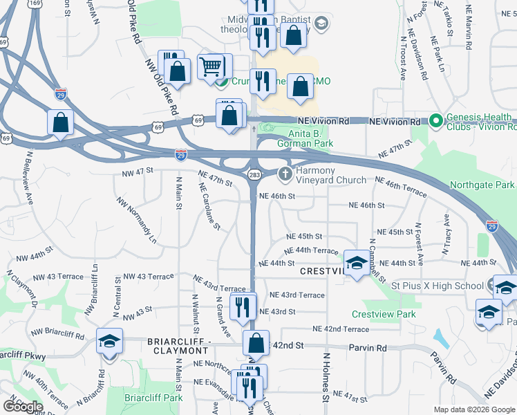map of restaurants, bars, coffee shops, grocery stores, and more near 4517 North Oak Trafficway in Kansas City