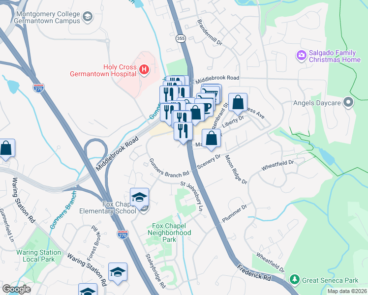 map of restaurants, bars, coffee shops, grocery stores, and more near 19590 Frederick Road in Germantown