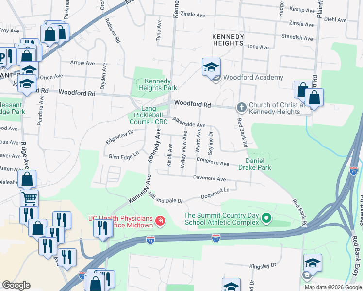 map of restaurants, bars, coffee shops, grocery stores, and more near 5820 Kinoll Avenue in Cincinnati