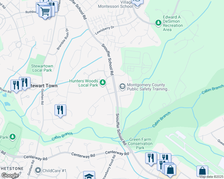 map of restaurants, bars, coffee shops, grocery stores, and more near 19605 Ridge Heights Drive in Gaithersburg