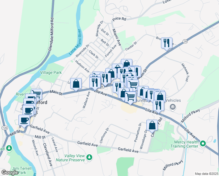 map of restaurants, bars, coffee shops, grocery stores, and more near 760 Main Street in Milford