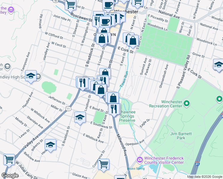 map of restaurants, bars, coffee shops, grocery stores, and more near 728 South Kent Street in Winchester