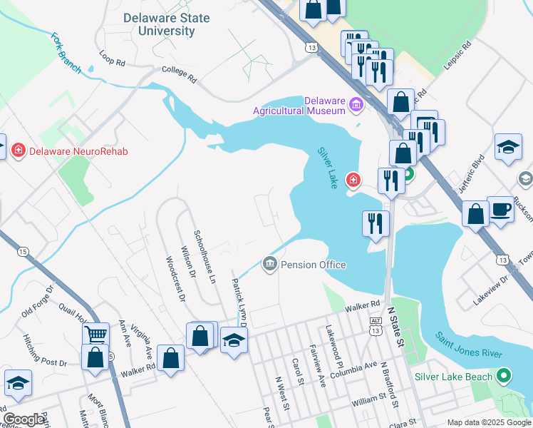 map of restaurants, bars, coffee shops, grocery stores, and more near 33 Representative Lane in Dover