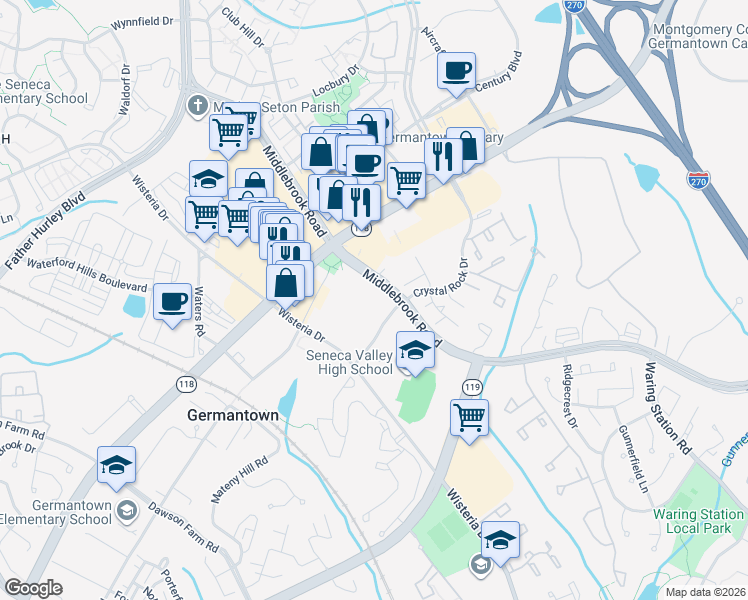 map of restaurants, bars, coffee shops, grocery stores, and more near 12800 Middlebrook Road in Germantown