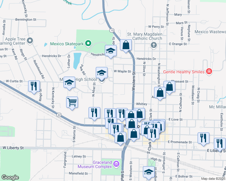map of restaurants, bars, coffee shops, grocery stores, and more near 639 North Wade Street in Mexico