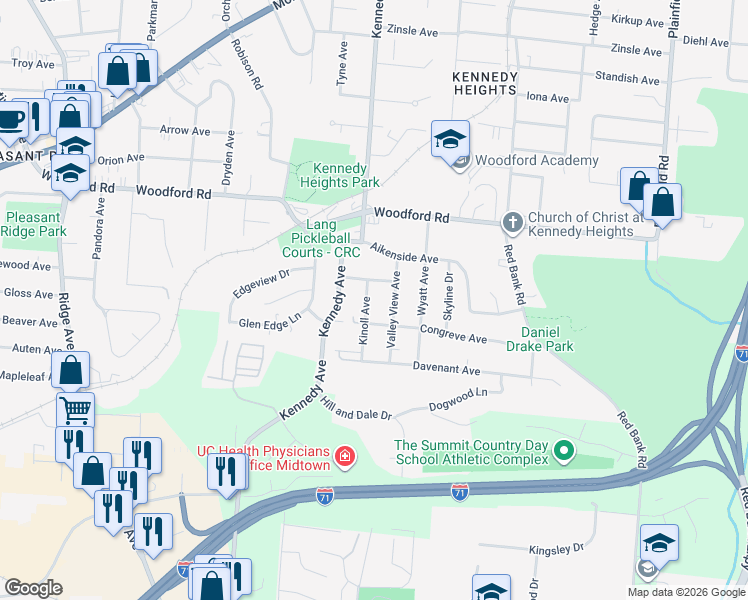 map of restaurants, bars, coffee shops, grocery stores, and more near 5820 Kinoll Avenue in Cincinnati