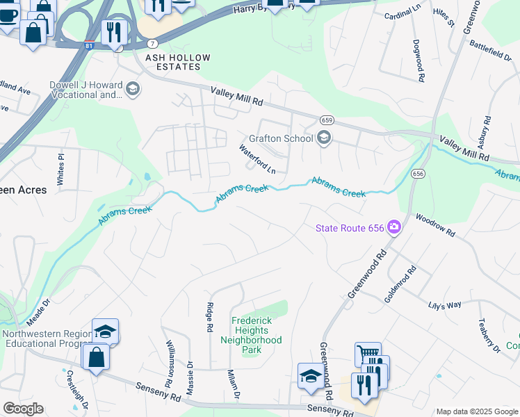 map of restaurants, bars, coffee shops, grocery stores, and more near 124 Triangle Court in Winchester