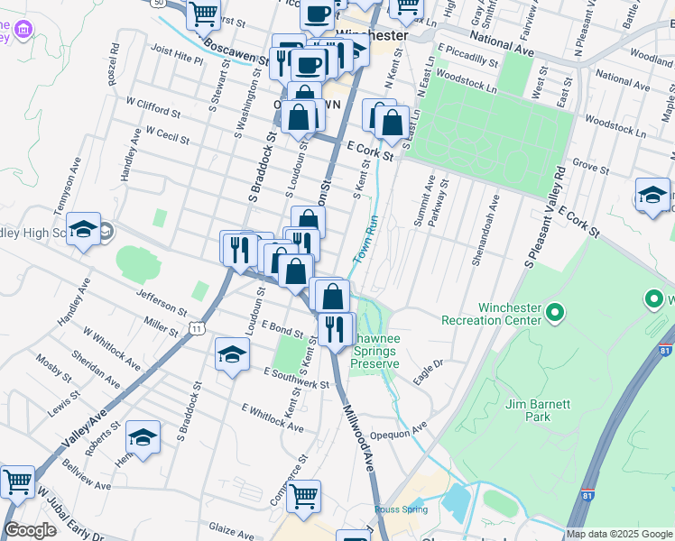 map of restaurants, bars, coffee shops, grocery stores, and more near 728 South Kent Street in Winchester