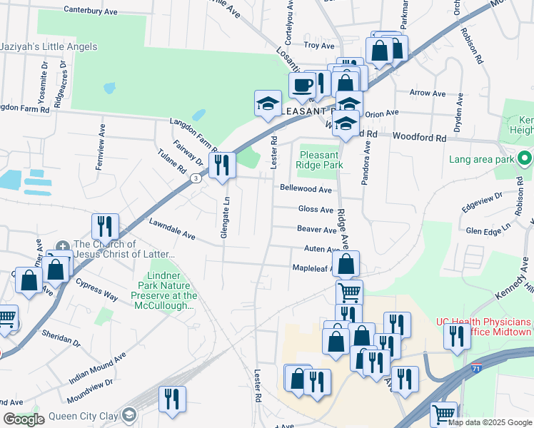 map of restaurants, bars, coffee shops, grocery stores, and more near 5735 Lester Road in Cincinnati