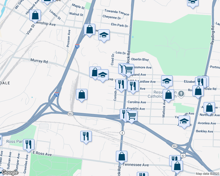 map of restaurants, bars, coffee shops, grocery stores, and more near 1113 Regent Avenue in Cincinnati