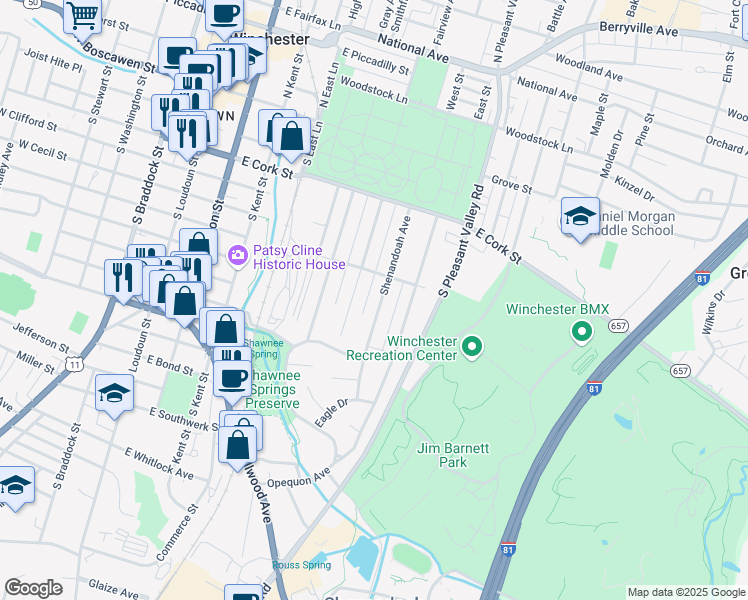 map of restaurants, bars, coffee shops, grocery stores, and more near 329 Shenandoah Avenue in Winchester