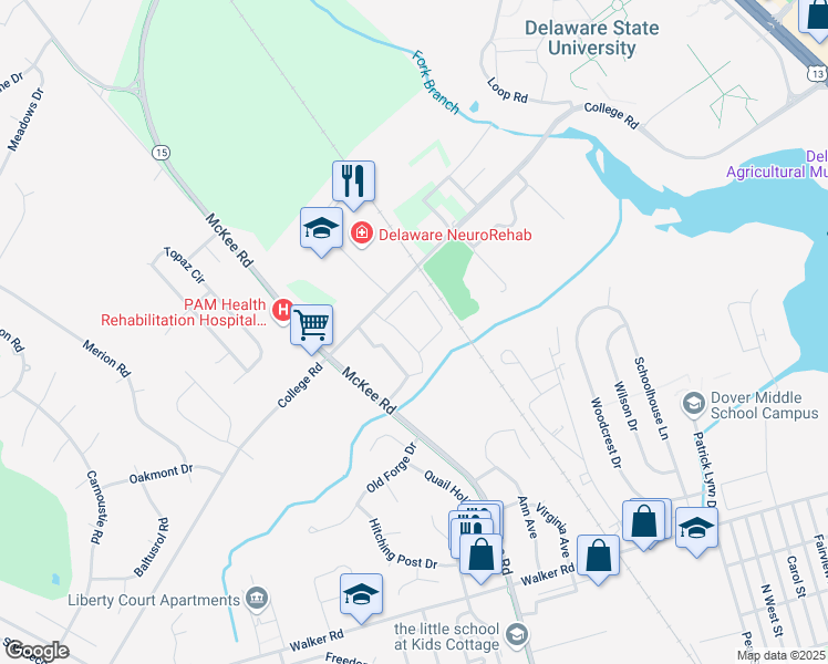 map of restaurants, bars, coffee shops, grocery stores, and more near Unnamed Road in Dover