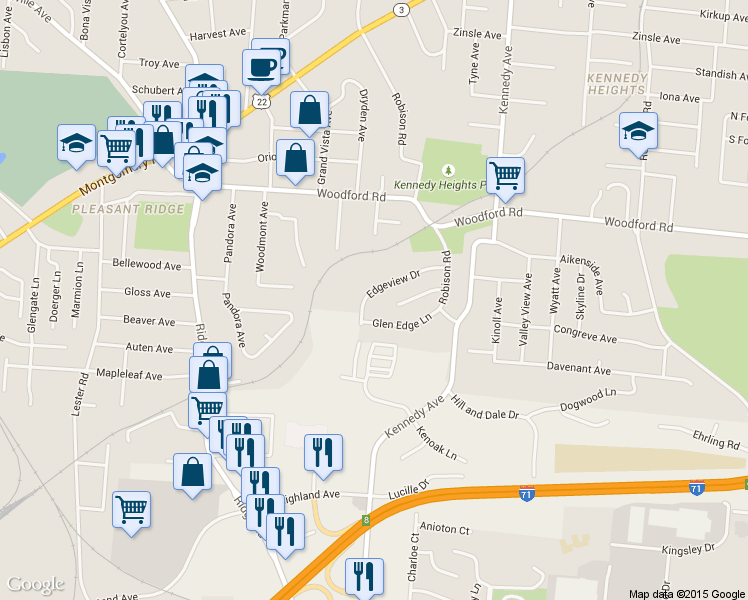 map of restaurants, bars, coffee shops, grocery stores, and more near 3495 Edgeview Dr in Cincinnati