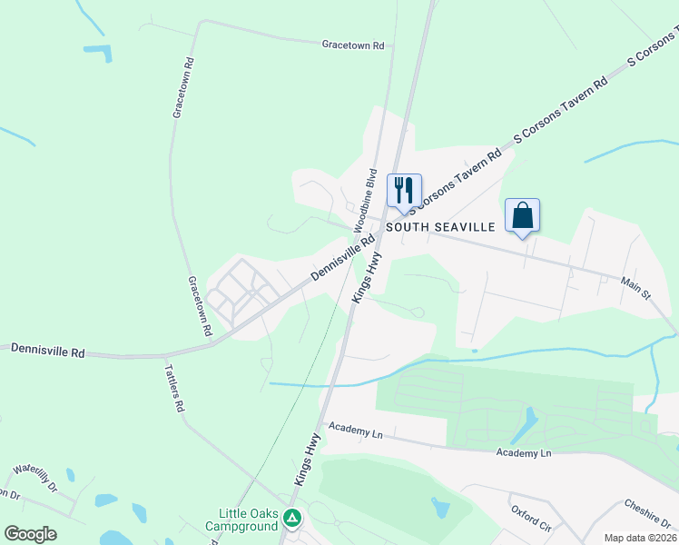 map of restaurants, bars, coffee shops, grocery stores, and more near 145 Dennisville Road in Cape May County