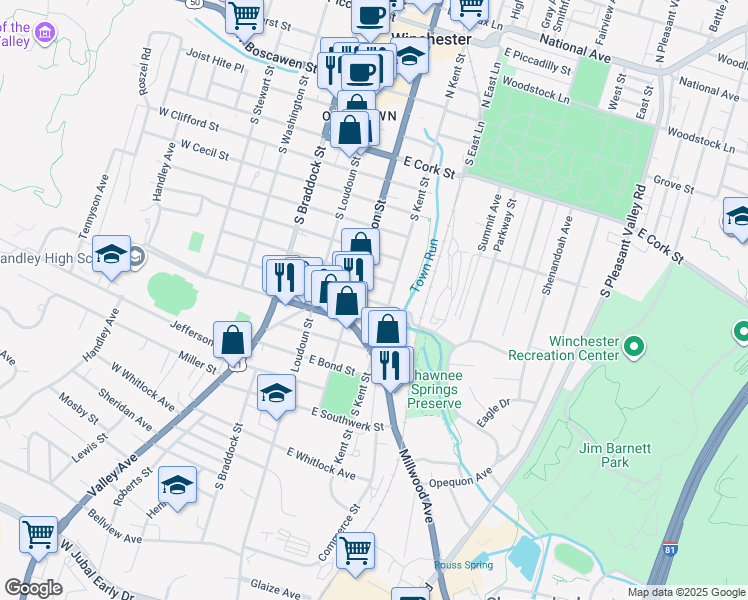 map of restaurants, bars, coffee shops, grocery stores, and more near in Winchester
