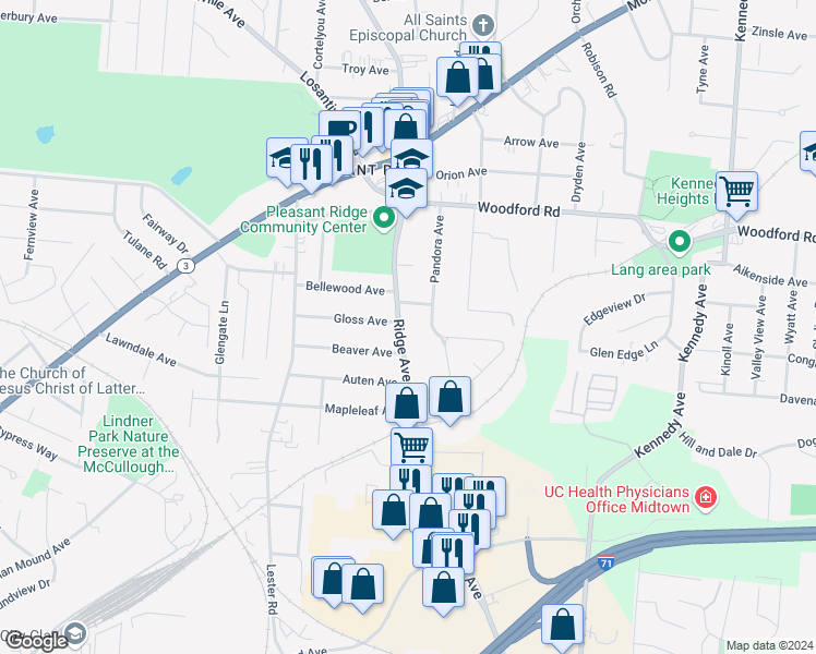 map of restaurants, bars, coffee shops, grocery stores, and more near 5727 Ridge Avenue in Cincinnati