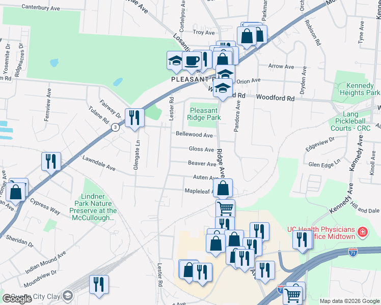 map of restaurants, bars, coffee shops, grocery stores, and more near 3021 Gloss Avenue in Cincinnati