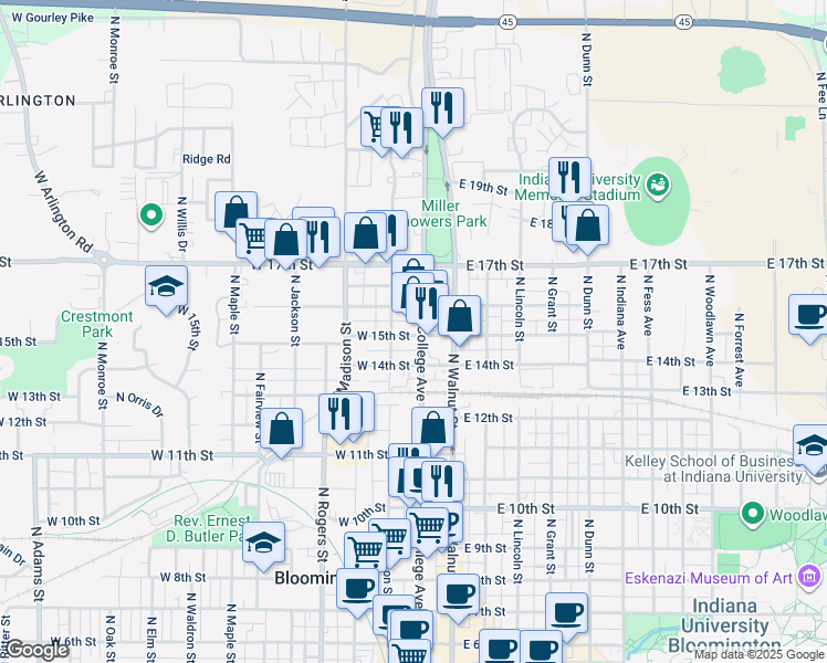 map of restaurants, bars, coffee shops, grocery stores, and more near 1101 North College Avenue in Bloomington