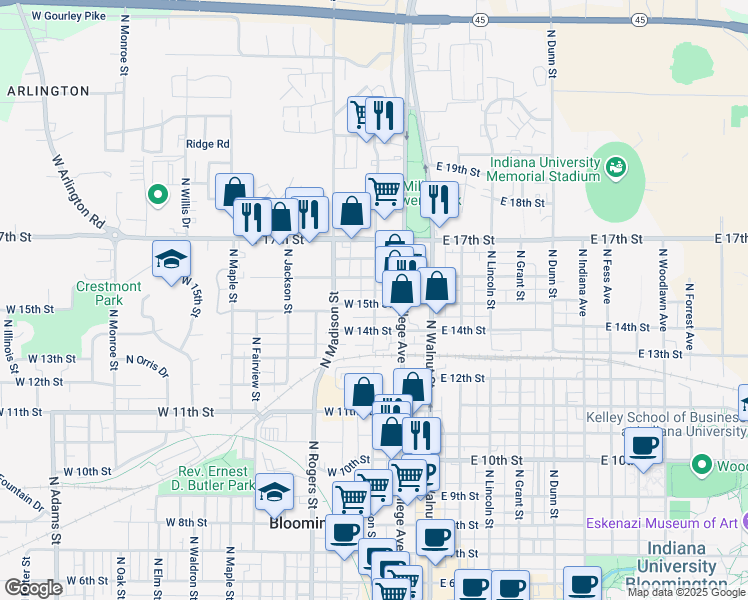 map of restaurants, bars, coffee shops, grocery stores, and more near 1101 North Woodburn Avenue in Bloomington