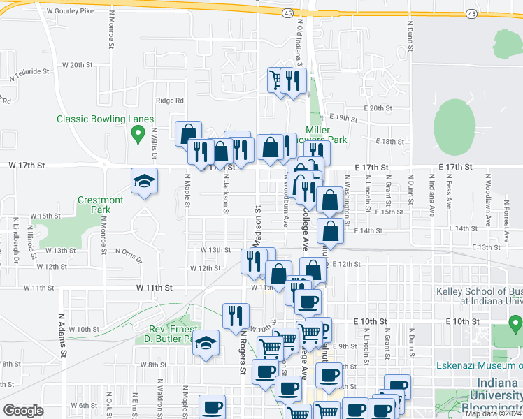 map of restaurants, bars, coffee shops, grocery stores, and more near 1113 North Madison Street in Bloomington