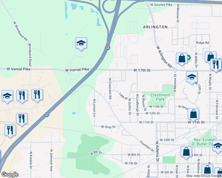 map of restaurants, bars, coffee shops, grocery stores, and more near 1205 North Glandore Drive in Bloomington