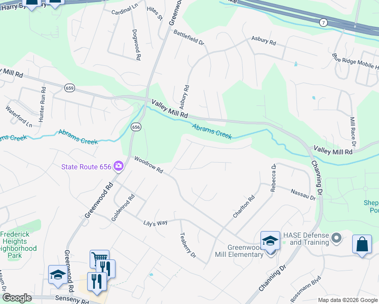 map of restaurants, bars, coffee shops, grocery stores, and more near 118 Elaine Drive in Winchester