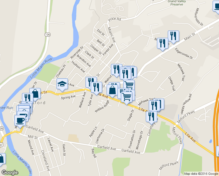 map of restaurants, bars, coffee shops, grocery stores, and more near 760 Main Street in Milford