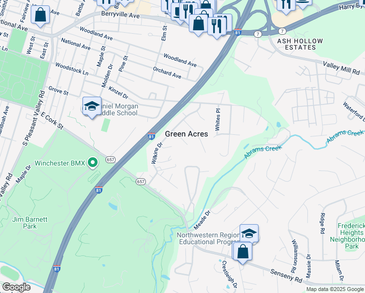 map of restaurants, bars, coffee shops, grocery stores, and more near 112 Wild Rose Circle in Winchester