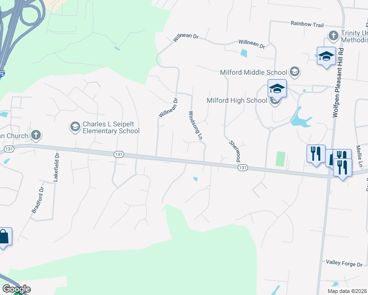 map of restaurants, bars, coffee shops, grocery stores, and more near 5671 Crooked Tree Lane in Milford