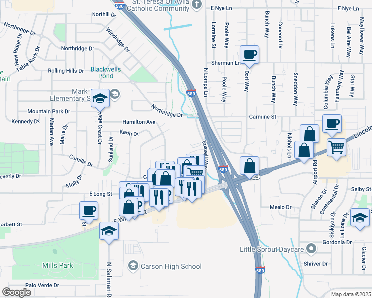 map of restaurants, bars, coffee shops, grocery stores, and more near 1820 Russell Way in Carson City