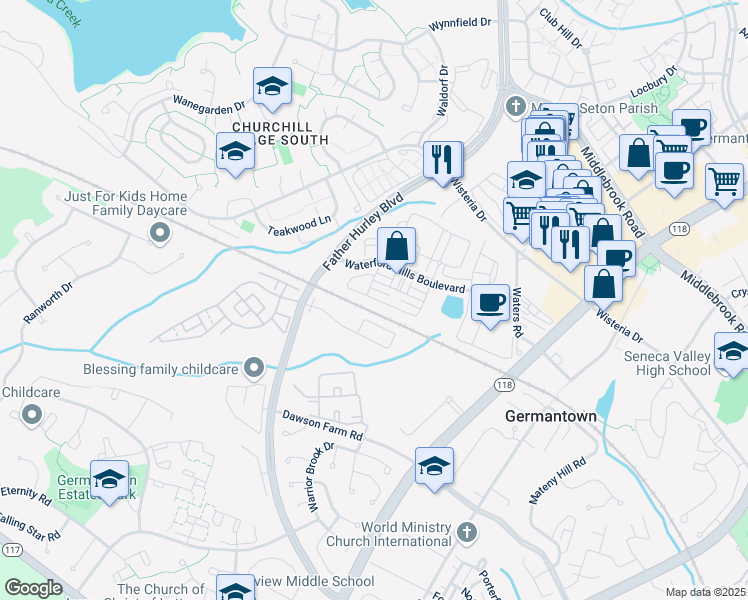 map of restaurants, bars, coffee shops, grocery stores, and more near 19415 Dover Cliffs Circle in Germantown