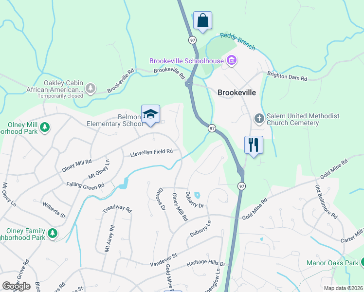 map of restaurants, bars, coffee shops, grocery stores, and more near 19604 Olney Mill Road in Olney