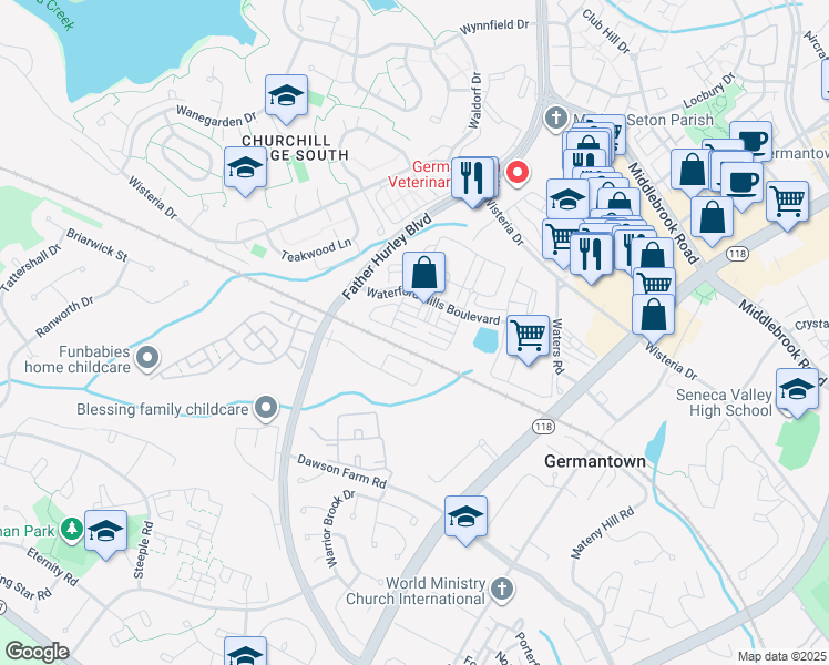 map of restaurants, bars, coffee shops, grocery stores, and more near 19439 Dover Cliffs Circle in Germantown