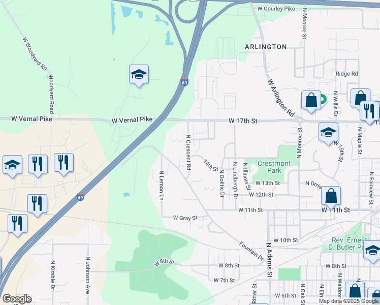 map of restaurants, bars, coffee shops, grocery stores, and more near 1205 North Glandore Drive in Bloomington