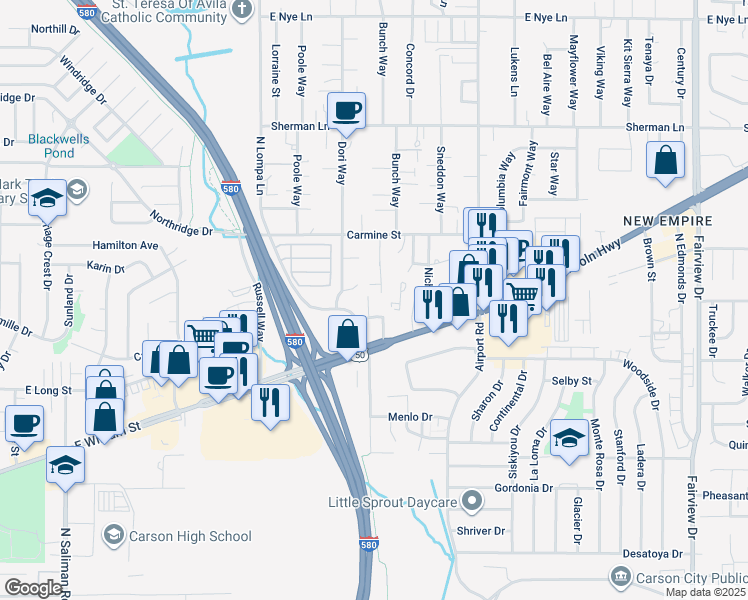 map of restaurants, bars, coffee shops, grocery stores, and more near 1826 Mercury Way in Carson City