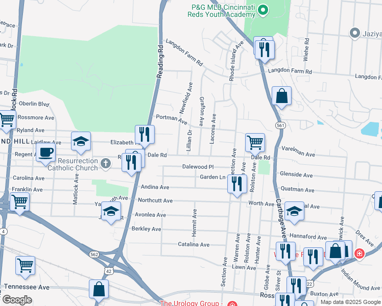map of restaurants, bars, coffee shops, grocery stores, and more near 5003 Grafton Avenue in Cincinnati