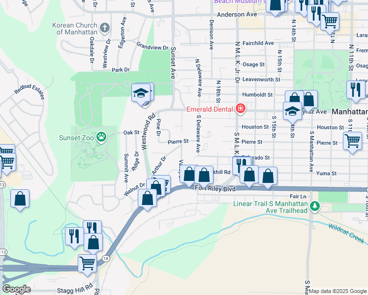 map of restaurants, bars, coffee shops, grocery stores, and more near 309 Valley Drive in Manhattan